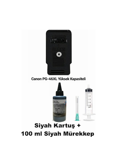 Canon Pixma E484 / Pg-46xl Siyah Yüksek Kapasite Tıpalı İthal Uyumlu Dolabilen Kartuş+mürekkep+şırınga