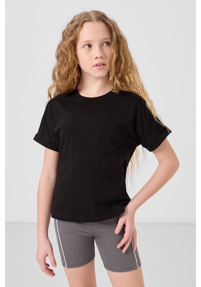 Siyah Pamuklu O Yaka Oversize Fit Basic Kız Çocuk T-shirt - 75182 Siyah