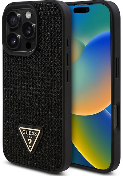 Apple Uyumlu iPhone 16 Pro Kılıf Guess Lisanslı Üçgen Logolu Taşlı Kapak Siyah