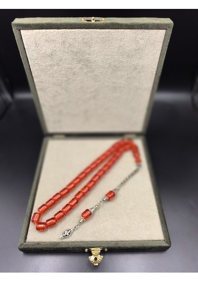 Osmanlı Benzetme Sıkma Kehribar Tesbih Ateş Kırmızısı, 9x10 Mm Gümüş