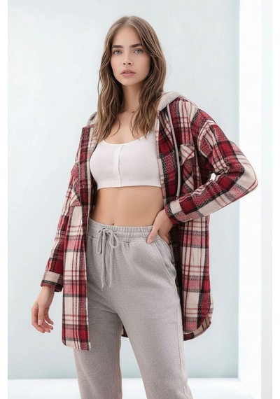 Mamayaga Kadın Desen Bloklu Oduncu Oversize Geniş Kalıp Casual Cepli Kapüşonlu Uzun Boy Ceket Gömlek Kırmızı Mamayaga Kadın Desen Bloklu Oduncu Oversize Geniş Kalıp Casual Cepli Kapüşonlu Uzun Boy Ceket Gömlek Kırmızı