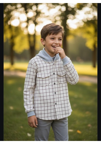 Gala Kolu Lastikli Kapüşonlu Ekoseli Unisex Çocuk Gömlek KREM