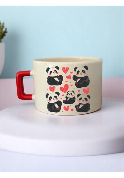 Kalp Ve Panda Baskılı 3'lü Seramik Kupa Bardak Beyaz