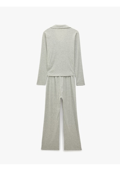 Koton Rahat Kalıp Uzun Kollu Düğmeli Gömlek Yaka Kaşkorse Pijama Takımı Gri Melanj 7wlk40203mk