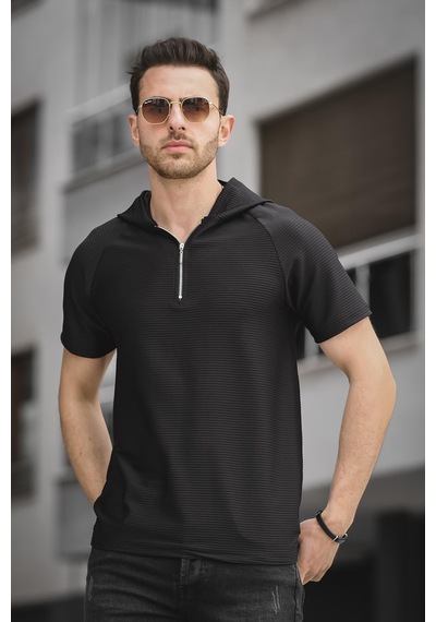 Allard Ottoman Kumaş Slim Fit Fermuarlı Kapüşonlu Erkek Tshirt 001