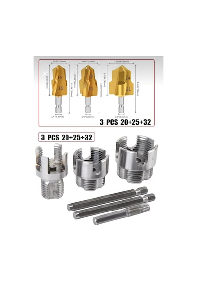 Senbang Pprc Pvc Boru Diş Açma Ve Havşa Pah Seti 6 Lı 1/2 3/4 1 Parmak Kılavuz + 20-25-32 Mm Havşa Ucu