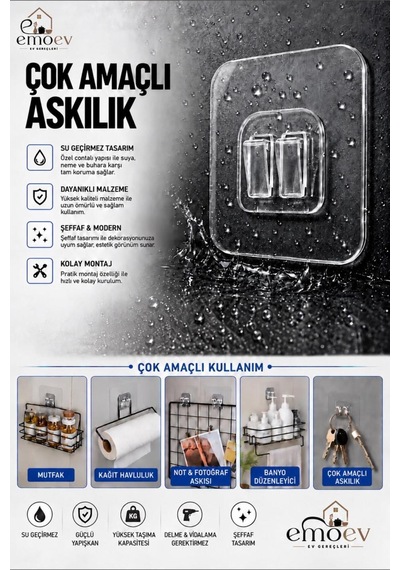 1 Adet Kendinden Yapışkanlı Askı Güçlü Şeffaf Duvar Askısı Delmeden Matkapsız Görünmez Şeffaf Kancalı Şeffaf Şeffaf