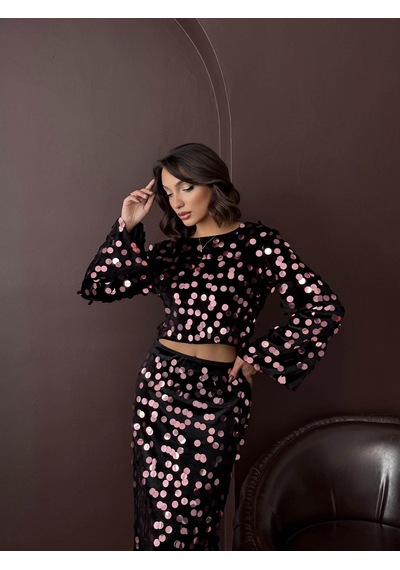 Verymoda Pullu Kadife Bluz SİYAH PEMBE