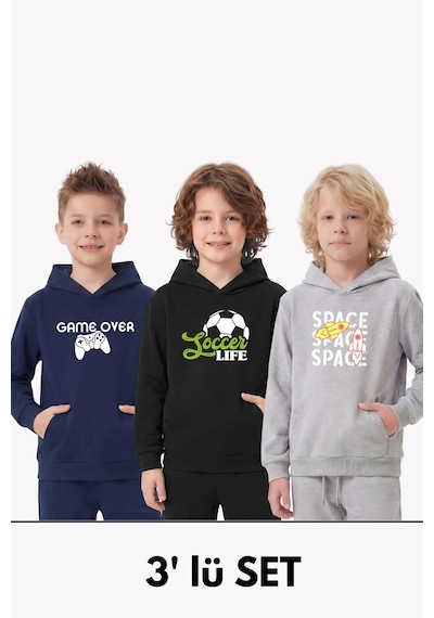 Panios Kids 3'lü Kanguru Cepli Kapüşon Detaylı Baskılı Erkek Çocuk 3 Parça Sweatshirt Lacivert - Siyah