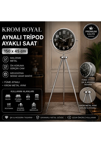 Krom Royal Aynalı Tripod 150 X 45 Cm Ayaklı Saat Gold