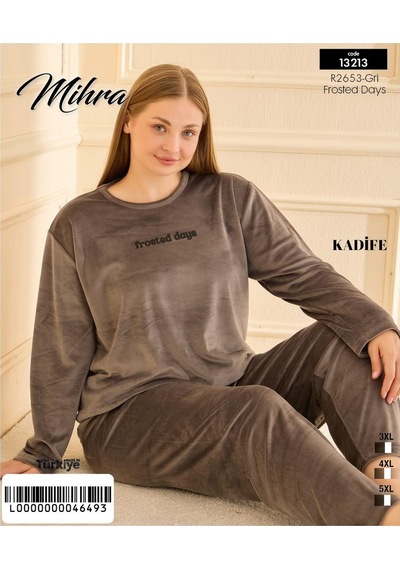 Mihra Kadın Kışlık Bisiklet Yaka Kadife Battal Pijama Takımı 132213g - 1 Adet Gri