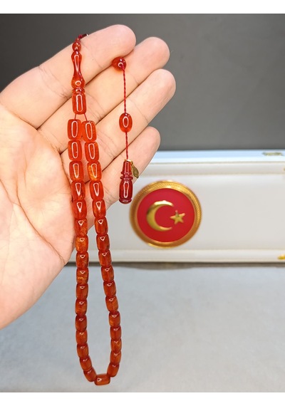 Simli Ateş Kehribar Tesbih Usta Yapımı Açık Kırmızı