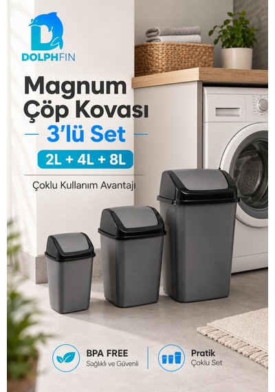 Magnum 3 Lü Sallanır Kapaklı Çöp Kovası Seti 2 L 4 L 8 L Banyo Mutfak Antrasit Siyah