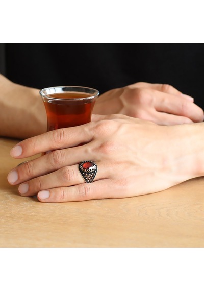 925 Ayar Gümüş Damla Desen İşlemeli Kırmızı Zirkon Taşlı Erkek Yüzük Gümüş