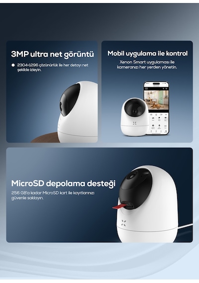 Xenon Smart Ev Kamerası 2 Li Set Wifi, 2304p, Mobil Kontrol, Sesli, 360 Ptz, Gece Görüş, İç Mekan Kamera
