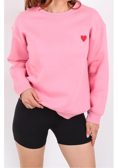 İs Berceste Kadın Bisiklet Yaka Kalp Nakışlı 3 İplik Şardonlu Sweatshirt Pembe