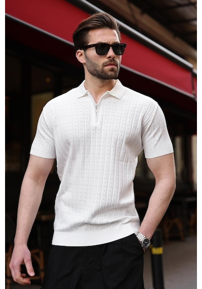 Beyaz Polo Yaka Slim Fit Triko Erkek Tişört E7465 Beyaz
