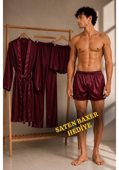 Qmen Style Erkek Şifon Kimono- Pijama - Şort Seti Bordo