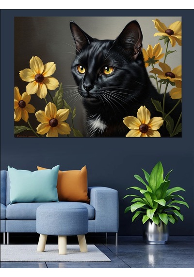 Ahşap Tablo Çiçekler İçinde Siyah Kedi Portresi Şehir Tabloları