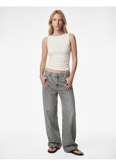 Koton Slim Fit Kolsuz Yuvarlak Yaka Dantelli Bluz Ekru 6sak10009ek