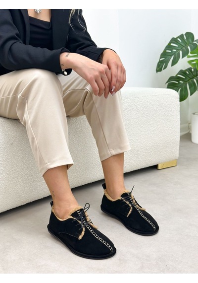 Erva'nın Butiği Siyah Hakiki Deri Sorry İçi Peluş Bağcıklı Kadın Ayakkabı-6395