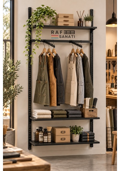 90 Cm Duvar Raf Askılık Sistemi 3 Raflı 200 Cm Konik Dikme Hazır Set Siyah