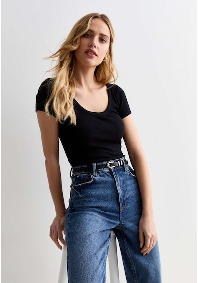 Rooted Kadın Kare Yaka T-shirt & Bluz , Likralı Fitilli Kaşkorse Kumaş SIYAH