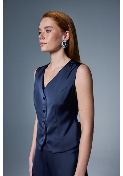 Sateen Klasik Düz Yelek - Lacivert-137032 Lacivert