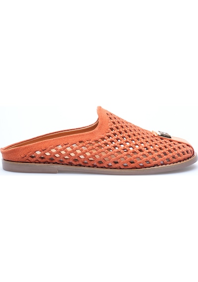 Analin Shoes Kadın Hakiki Deri Delikli Günlük Rahat Terlik Turuncu