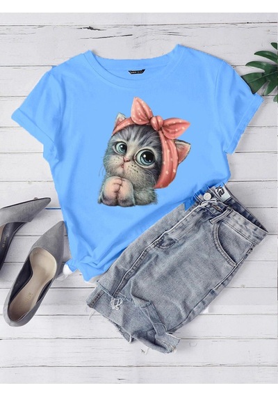 Oversize Bebe Mavi Sevimli Minik Kedi Baskılı T-shirt Unisex Rahat Kalıp Bebe Mavi