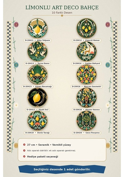 Dekoratif Duvar Tabağı Limonlu Art Deco Bahçe Dekorlu Seramik Tabak Kahverengi