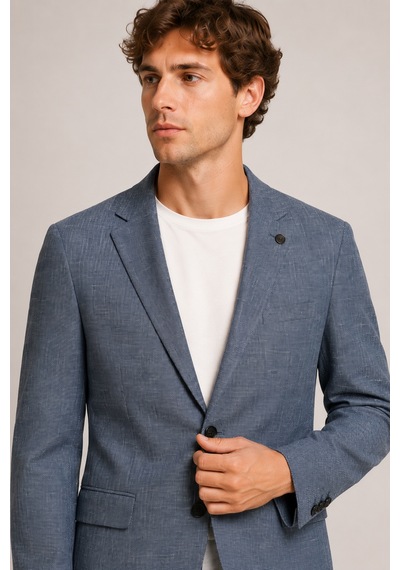 Bihan Store Erkek Kırçıllı Dokulu Mono Yaka İki Düğmeli Blazer Tek Ceket 6 Drop 11952-mavi