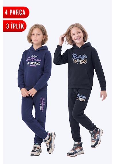 Fyk Kids 3 İplik Baskılı Kışlık Kanguru Cepli Kapüşonlu Kız Çocuk 2'li Eşofman Takımı 4 Parça Lacivert-siyah