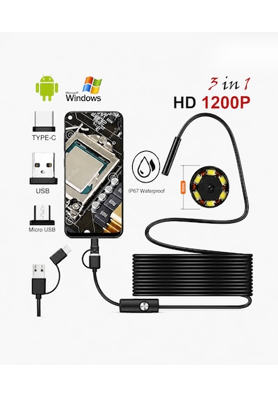 Endoskop Yılan Video Kamera Led'li 2 Metre 7 Mm Sert Kablo Su Geçirmez All In