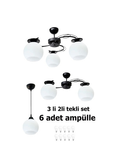 İlay Modern Siyah Lasa Camlı Salon Oturma Odası Avizesi Avize Seti Siyahh