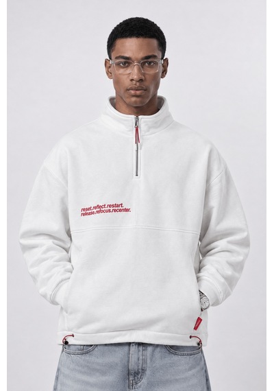 Respire Erkek Reset Baskılı Lastik Detaylı Half Zip Oversize Sweatshirt Ekru