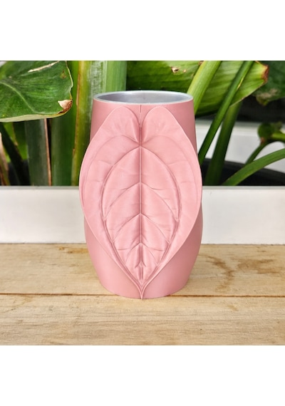 3d Baskı Yaprak Desenli Kap - Kalp Yaprağı Süslemeli Dekoratif Kap-pembe