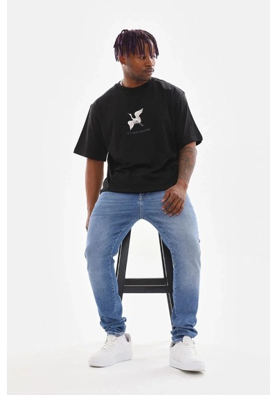 Erkek Baskılı T-shirt Yazlık Kısa Kol Bisiklet Yaka Tişört - Siyah