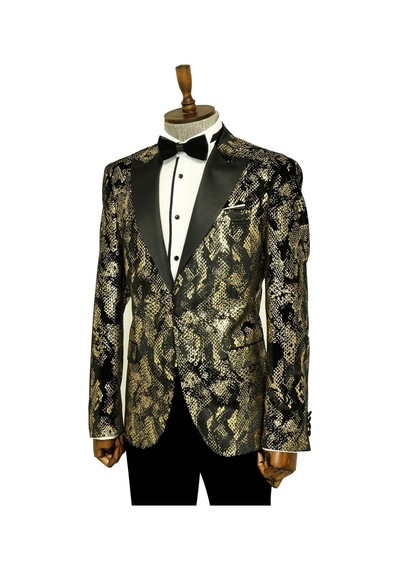 Wessi Dik Yaka Slim Fit Altın Desenli Siyah Erkek Balo Ceketi - Wessi Siyah