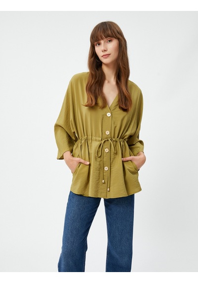 Koton Düğmeli Kimono Bluz Beli Bağlamalı Kısa Kollu Dokulu Haki 4wak50102uw