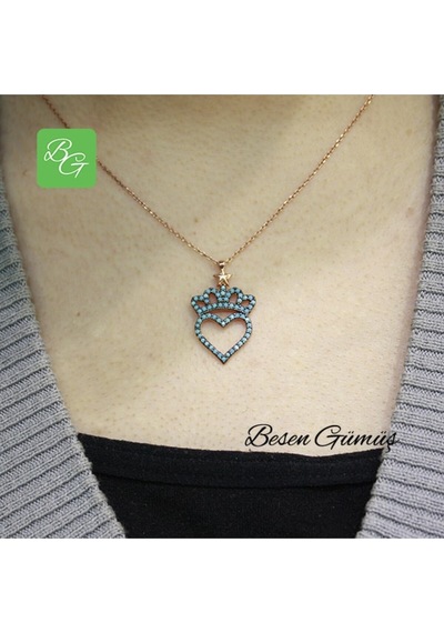 Firuze Taşlı Kraliçe Tacı Ve Kalp Temalı Kolye Rose - Gold -  Gümüş