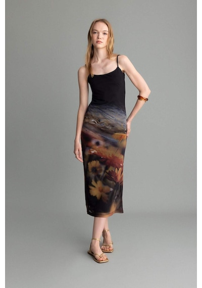 DeFacto Bodycon Vücudu Saran Askılı Desenli Tül Askılı Maxi Elbise D5034AX24AUYL189