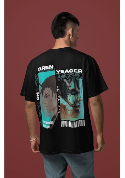 Eren Yeager Attack On Titan Sırt Baskılı Unisex Oversize Anime Ka Siyah