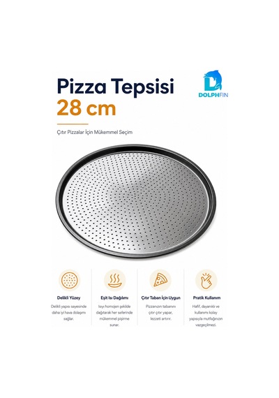 Delikli Pizza Tepsisi 28 Cm Yuvarlak Metal Pizza Pişirme Tepsisi Metalik