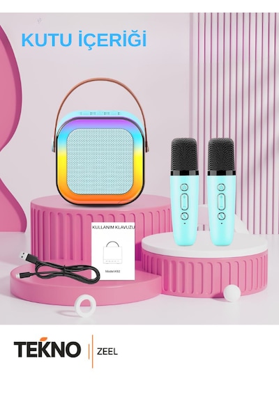 Teknozeel Çift Mikrofonlu Karaoke 5 Ses Efektli Rgb Işıklı Bluetooth Kablosuz Hoparlör Ses Bombası Mavi Renk