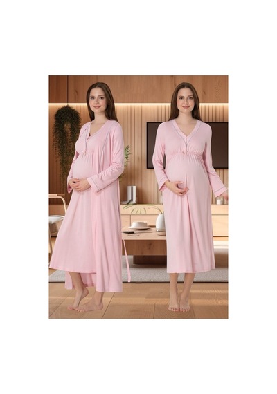 Effortt Dvina Lohusa Hamile Sabahlık Ve Uzun Kollu Gecelik - 2'li Set - Pembe Pembe