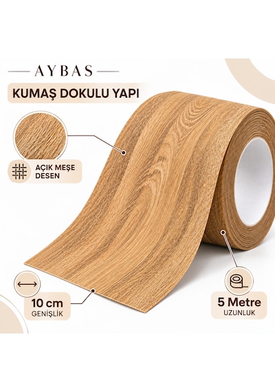 Aybas 10 Cm X 5 Metre Açık Meşe Ahşap Desenli Kumaş Yapışkan Bant Mobilya Kaplama Ve Tamir Şeridi