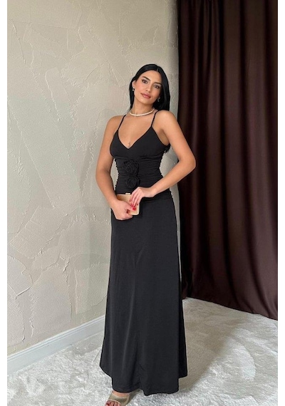 Valensdesign Siyah Büzgülü Uzun Güllü Elbise Siyah