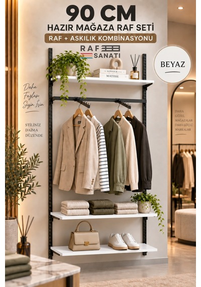90 Cm Duvar Raf Askılık Sistemi 3 Raflı 200 Cm Konik Dikme Hazır Set Beyaz