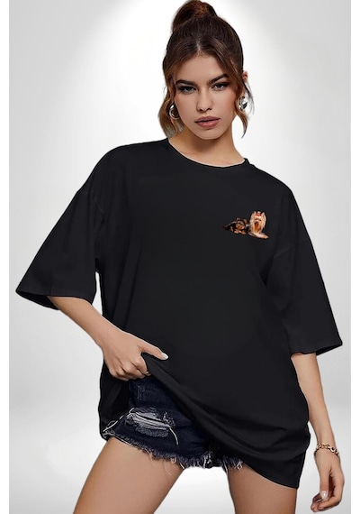 Yorkshire Teacup Ve Anne Köpek Siyah Oversize Unisex Ön Sol Yan Minimal Baskılı Tişört Koyu Siyah